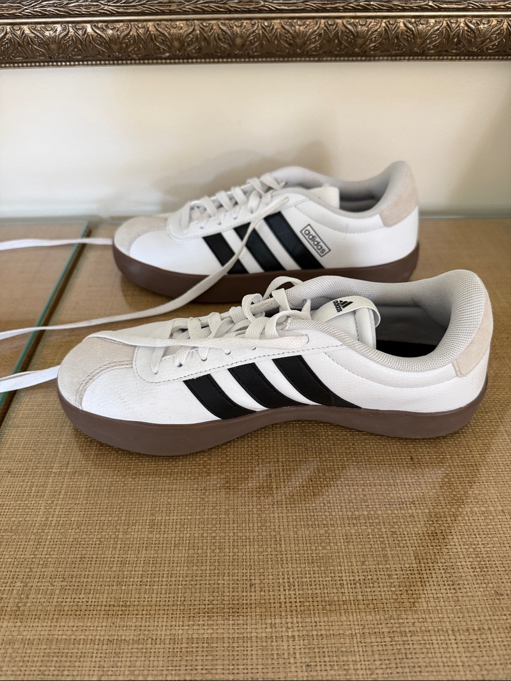 adidas White Sneakers with Black Stripes and Brown Gum Sole - Picture 3 of 4